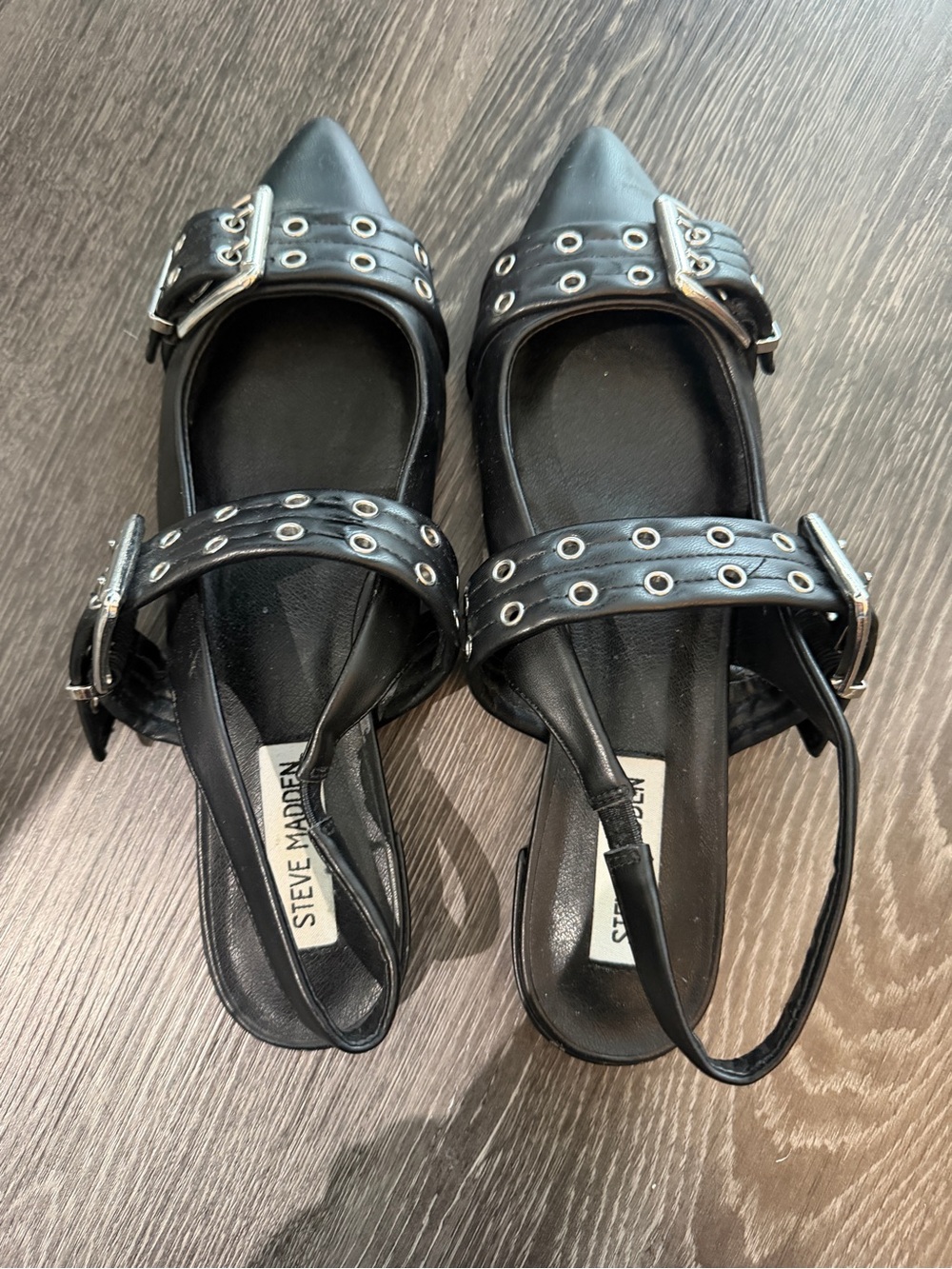 Steve Madden Black Pointed Slingback Flats with Grommet Buckle Straps Size 8